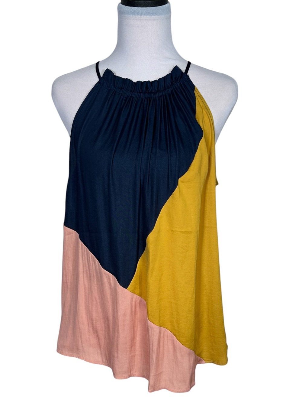 LOFT Colorblock Asymmetrical Halter Tank S Navy Mustard Blush Ruffle Romantic